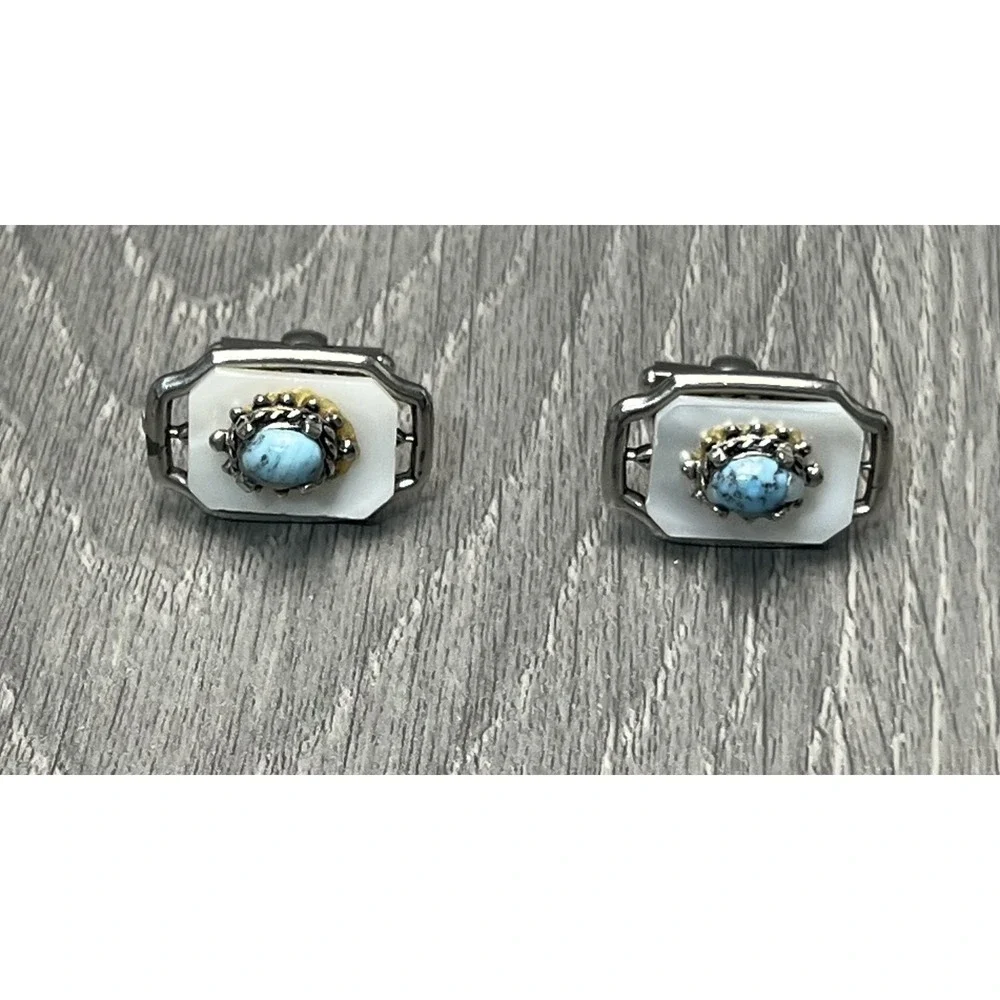 Vintage White & Turquoise Color Cabochon Silver Tone Cufflinks Fashion Jewelry